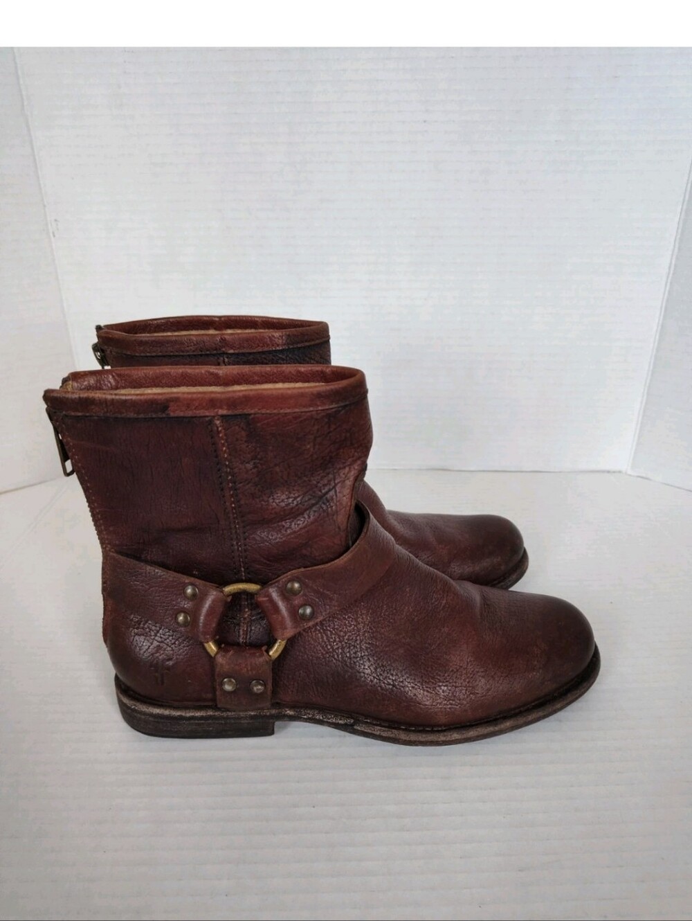FRYE Phillip Harness Leather Ankle Boots Brown Moto Biker 76871 Size 6.5 B
